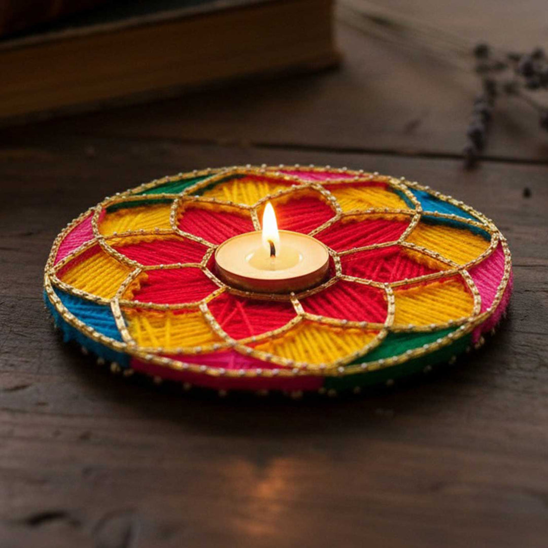 Handmade String Art Flower Design Wooden Tealight Holder With Tealight Candle