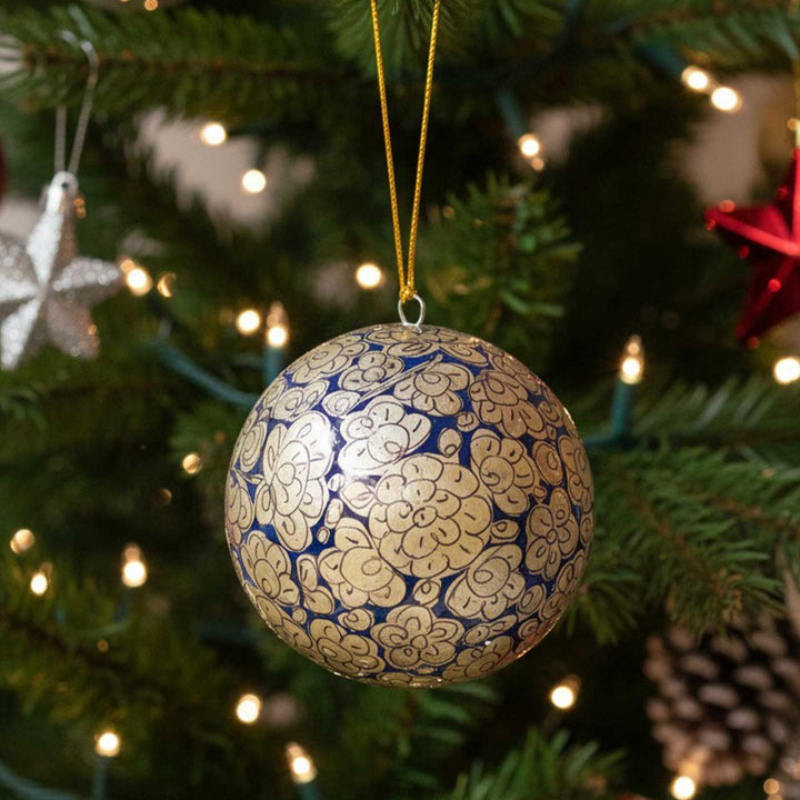 Blue & Silver Handmade Kashmiri Paper Mache Christmas Ball Ornament For Tree Decor