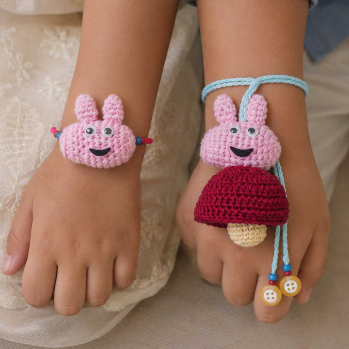 Handmade Crochet Peppa Pig Kids Lumba Rakhi With Roli Chawal For Twins | Set of 2
