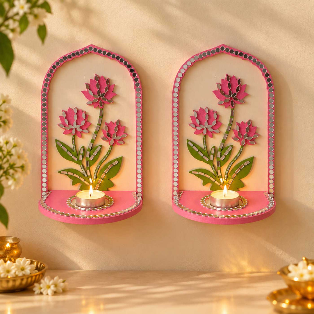 2 pc | Handcrafted Lotus Mirror Work MDF Tealight Holders For Festive Decor