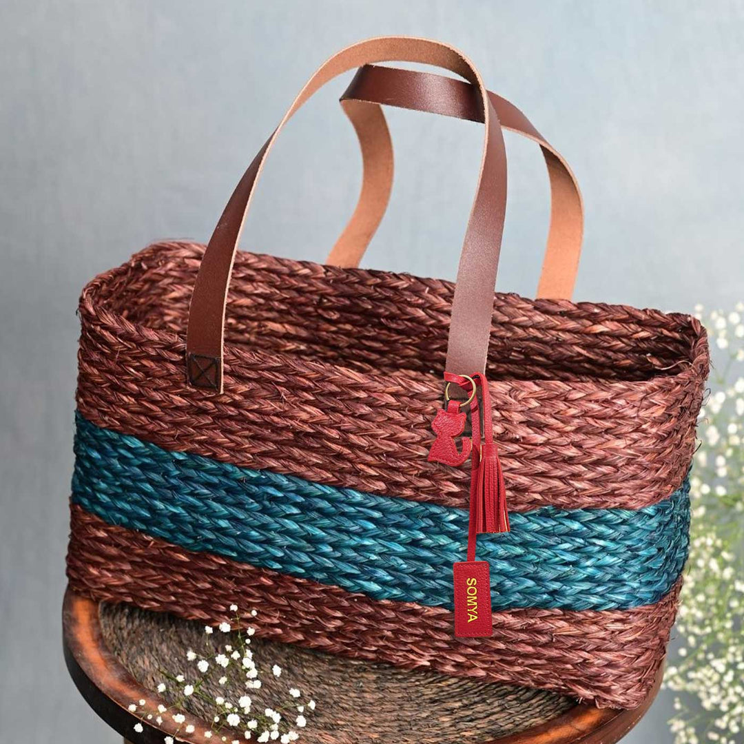Handmade Grass Woven Single Brown And Indigo Horizontal Stripped Sabai Mesh Handbag