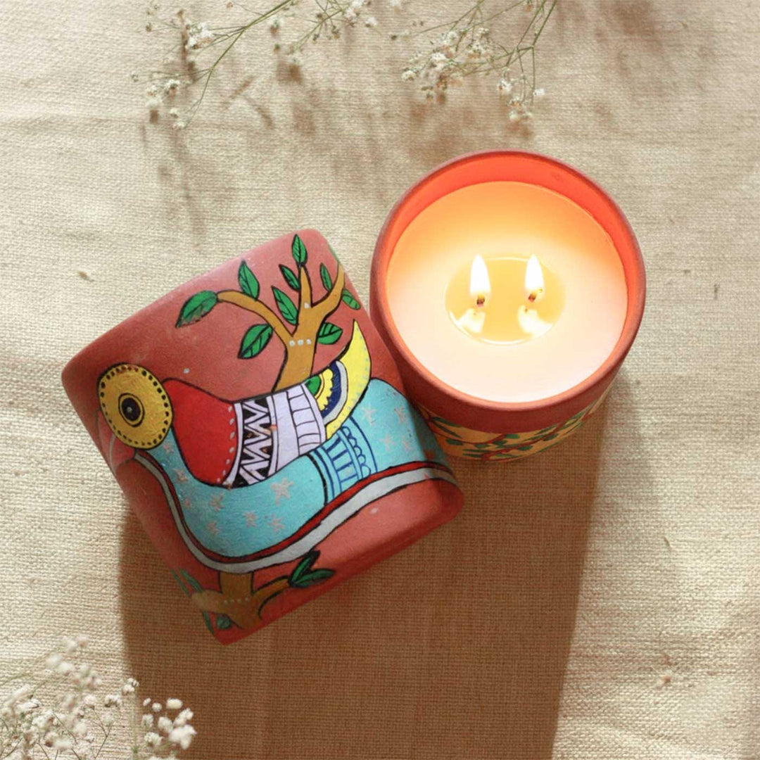 Hand-Painted Bird Madhubani Terracotta Candle Jars