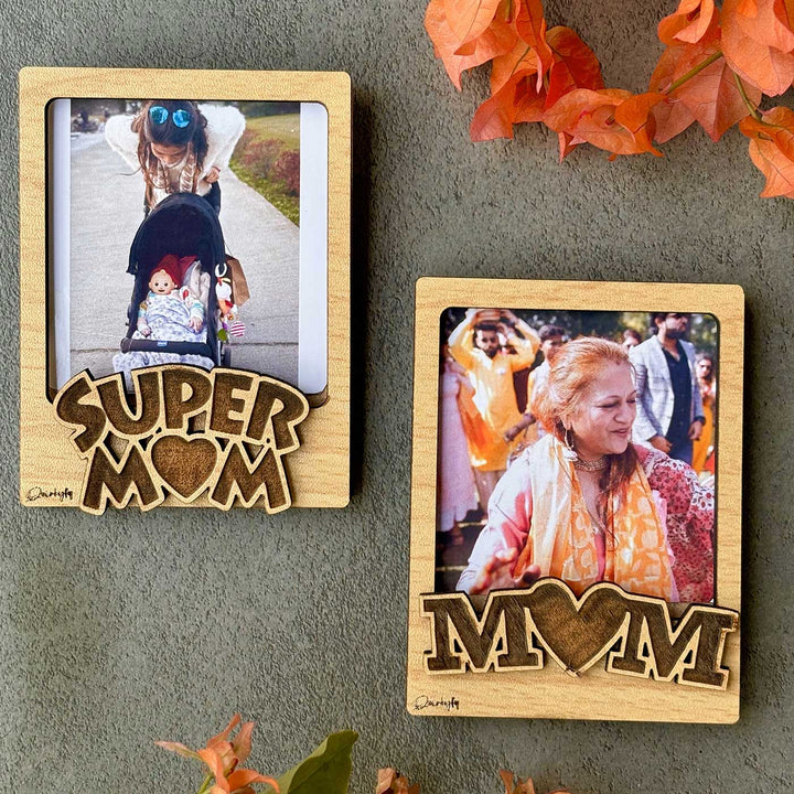 Photo Personalized "Super Mom" & "Mom" MDF Wood Fridge Magnet For Mothers | Set Of 2