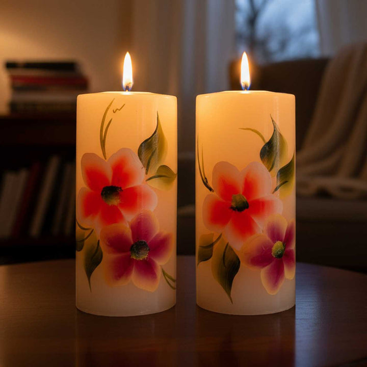 Hand-Painted Orange & Purple Flowers Circular Paraffin Scented Candle | Set Of 2