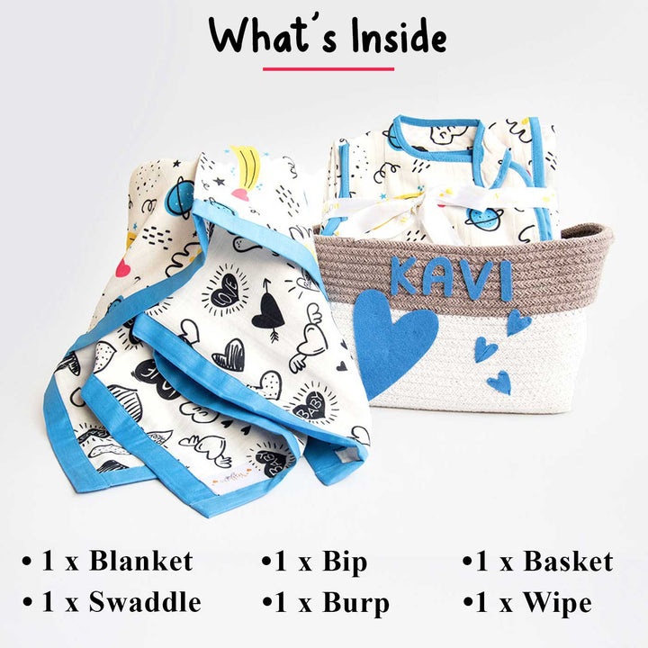 6 Pc | Personalized Doodle Circles Baby Gift Basket | 0-4 Years