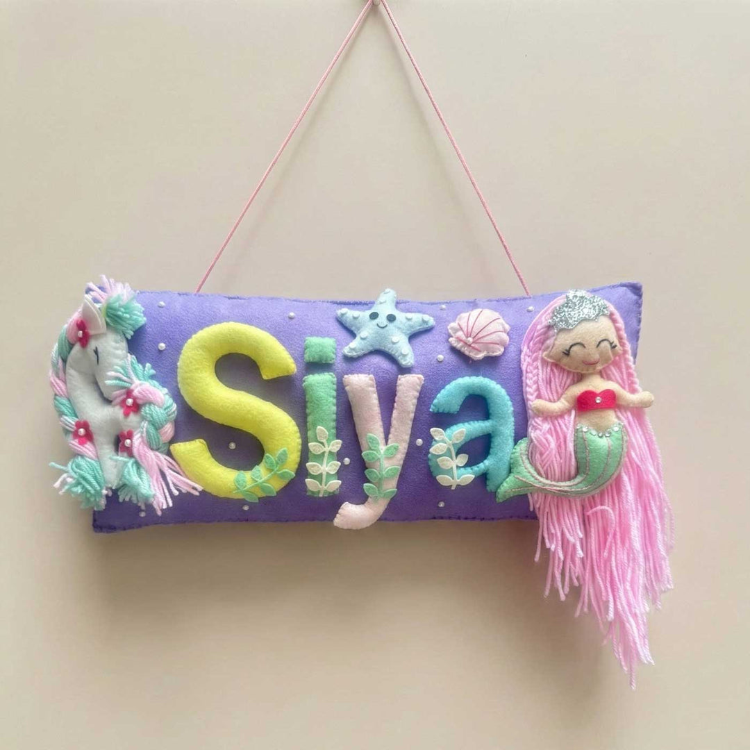 Handcrafted Mermaid & Unicorn Themed Rectangle Felt Name Plate for Kids