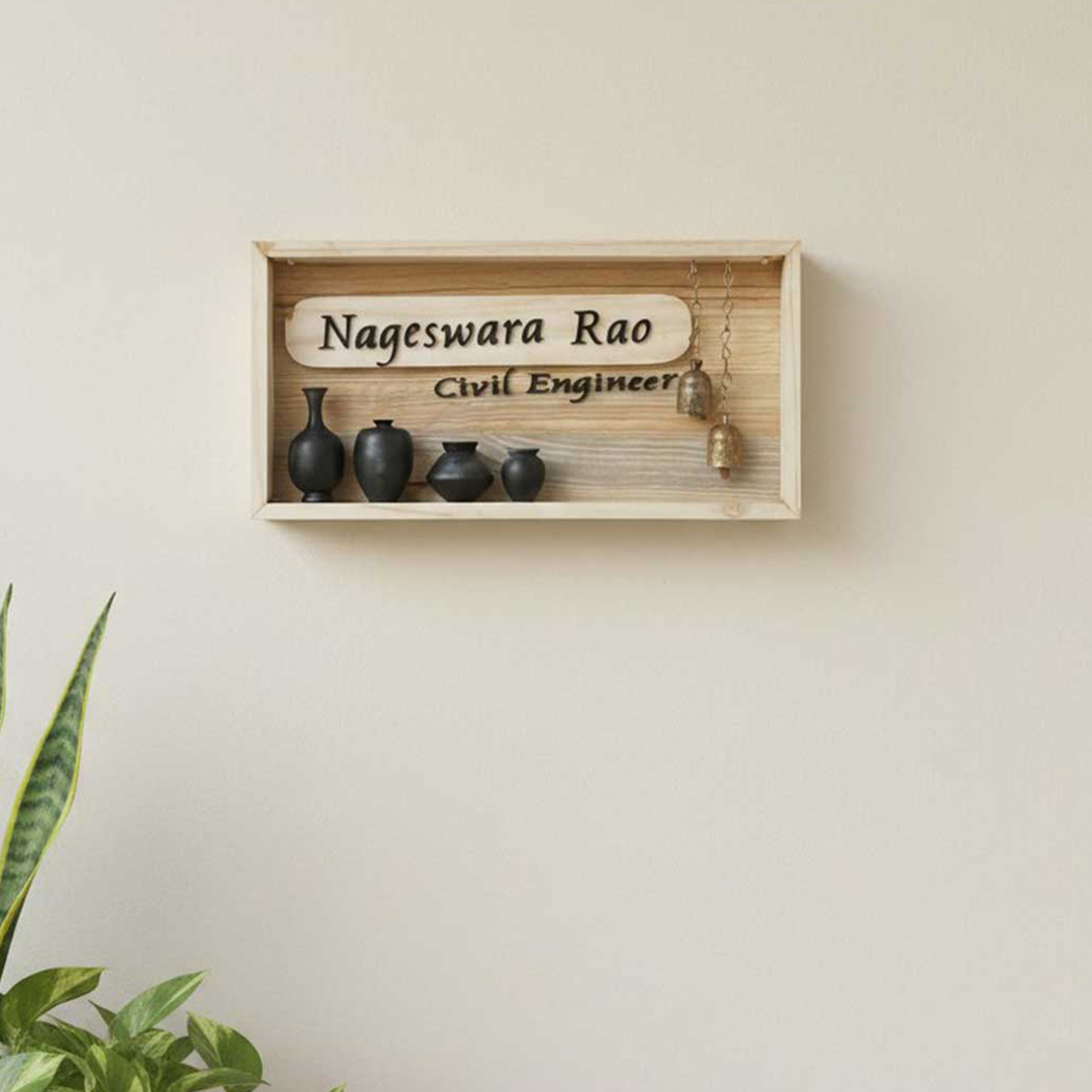 Handcrafted Personalized Shadowbox Pinewood Name Plate With Mini Pots & Copper Bells For Home
