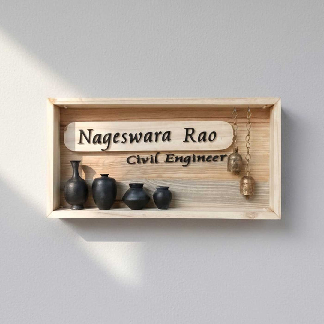 Handcrafted Personalized Shadowbox Pinewood Name Plate With Mini Pots & Copper Bells For Home