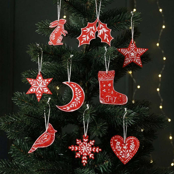 9 Pc | Handpainted Nordic Noel Red Folk Art MDF Ornament Set