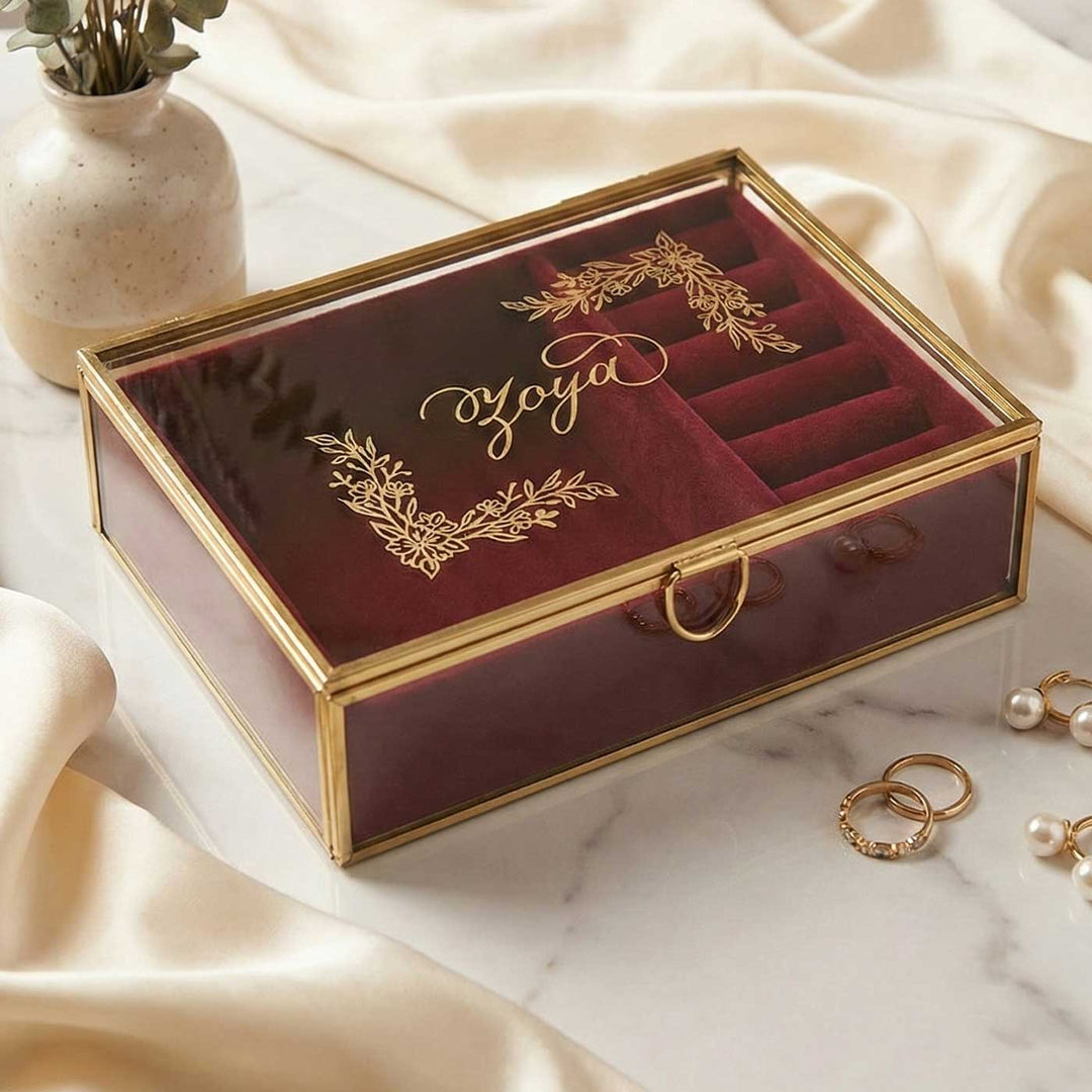Personalized Engraved Leaf Design Glass Jewellery Box | With Velvet Compartment