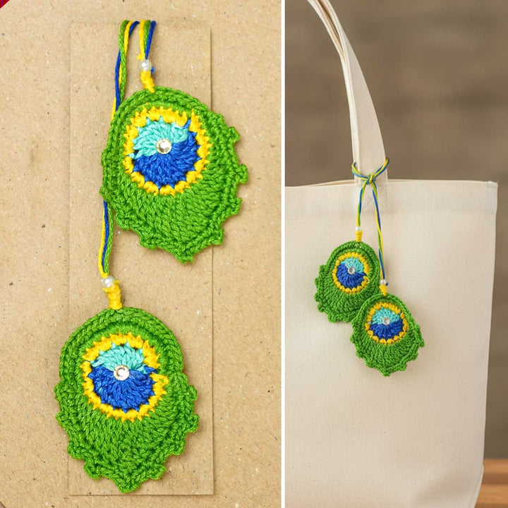 Handmade Crochet Peacock Feather Cotton Lumba Rakhi for Bhabhi With Roli Chawal