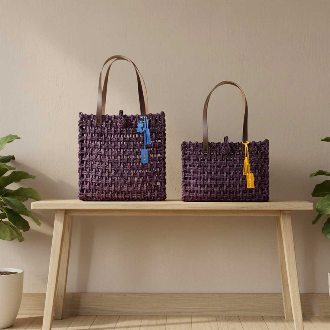 Handmade Grass Woven Leather Strap Box Shaped Lavender Sabai Mesh Tote Bag