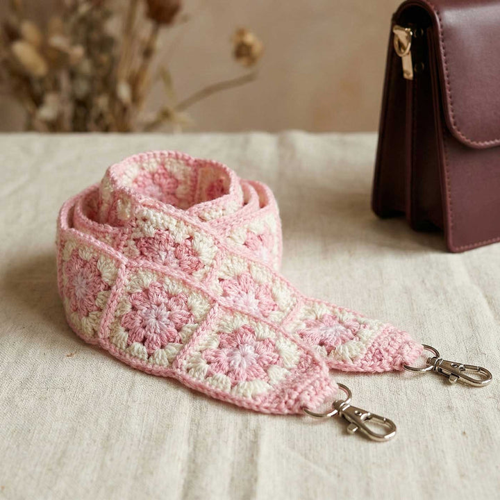 Handmade Crochet Pink Flower Design Cotton Sling Bag Belt