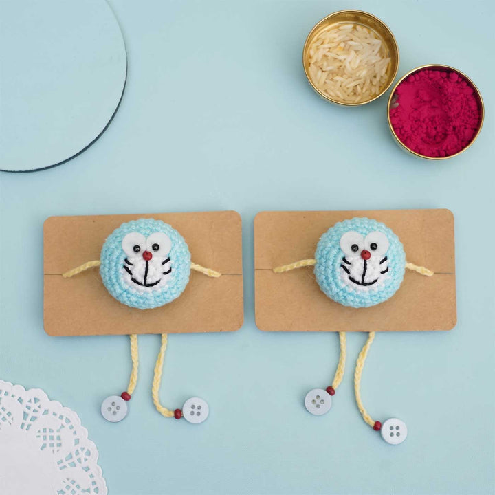 Handmade Crochet Doraemon Kids Rakhi With Roli Chawal For Twins | Set of 2