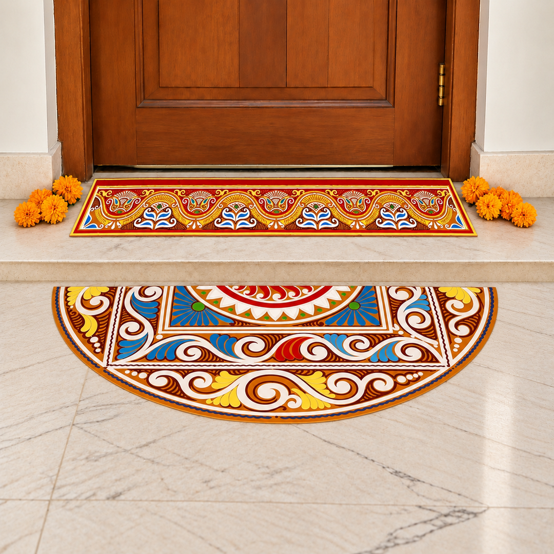 2 Pc | Chaitri Strip & Chaitri Semicircle Reusable Handmade Fabric Rangoli Mat for Festive Entrance Decor