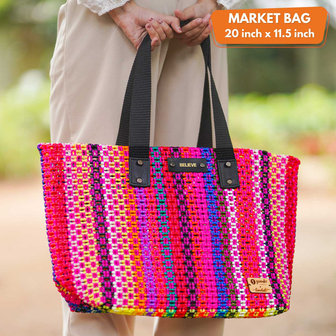 Multicolour Striped Pink Sivakannu Knot Handmade Koodai Market Bag