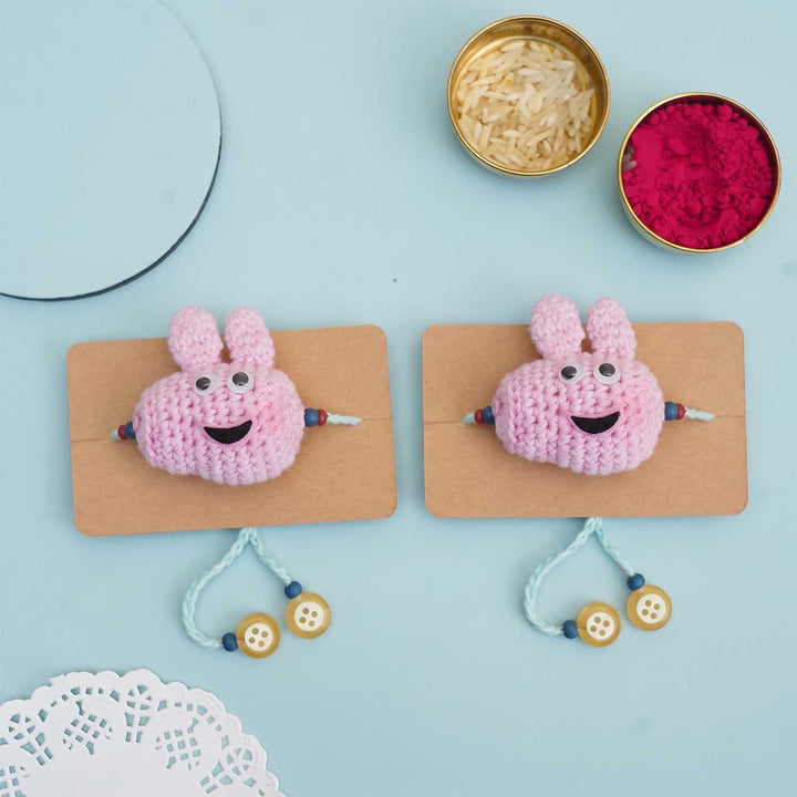 Handmade Crochet Peppa Pig Kids Lumba Rakhi With Roli Chawal For Twins | Set of 2