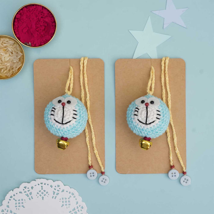 Handmade Crochet Doraemon Kids Rakhi With Roli Chawal For Twins | Set of 2