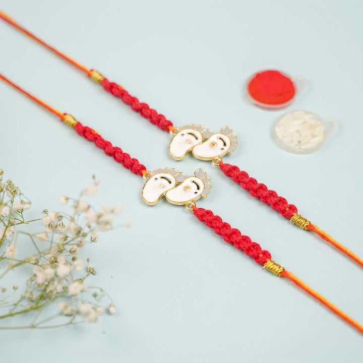2 Pc | Handmade Macrame Baby Feet Theme Metal Rakhi With Roli Chawal For Twins