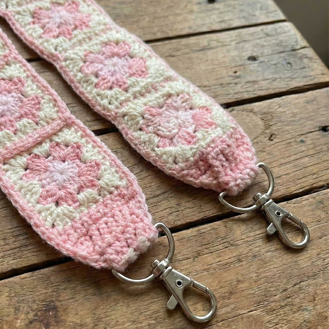 Handmade Crochet Pink Flower Design Cotton Sling Bag Belt