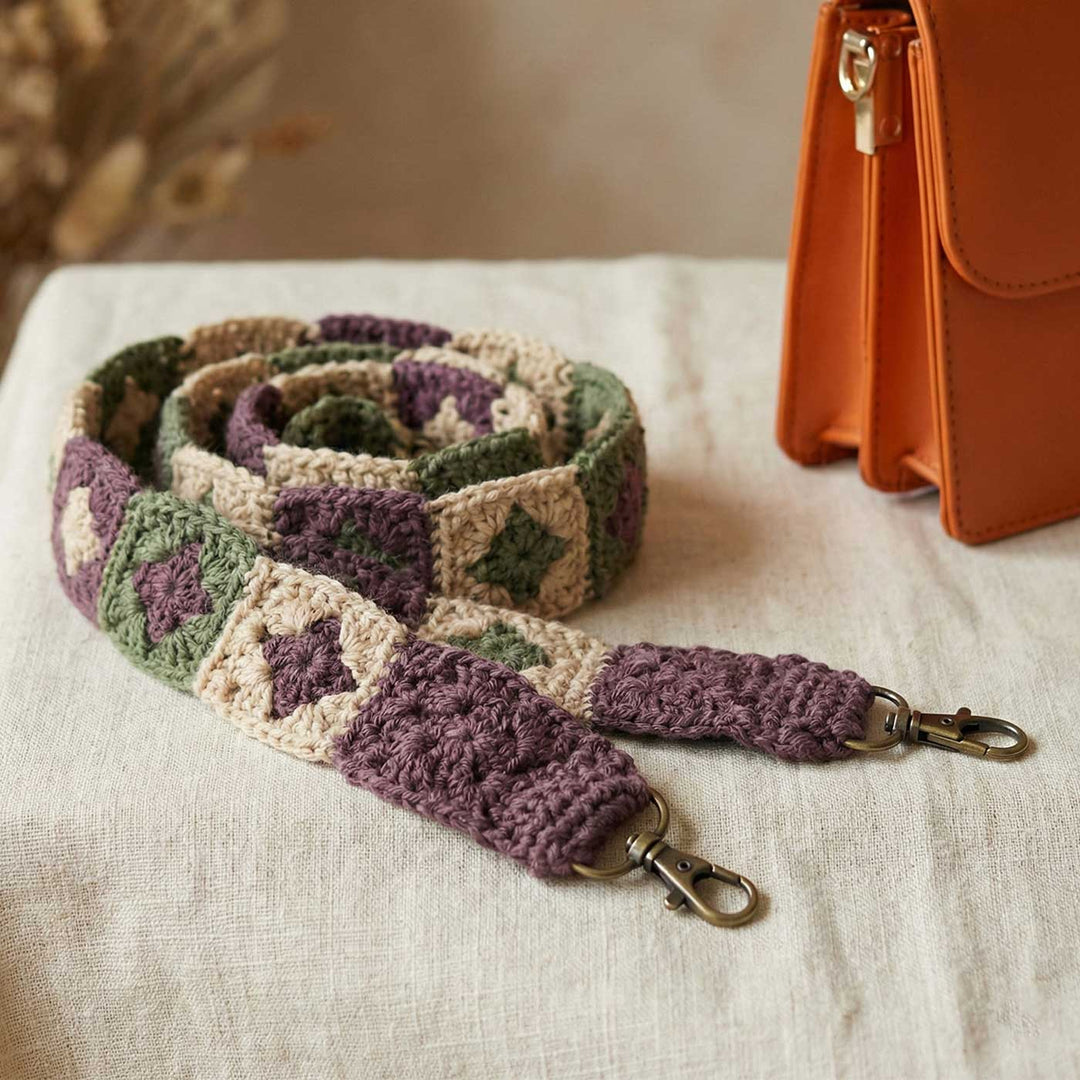 Handmade Crochet Brown And Green Star Design Cotton Sling Bag Belt