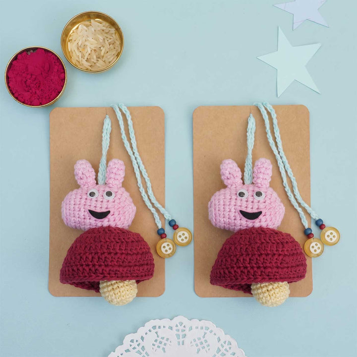 Handmade Crochet Peppa Pig Kids Lumba Rakhi With Roli Chawal For Twins | Set of 2