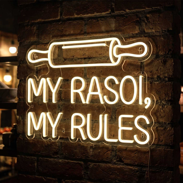 Personalized Handmade "My Rasoi My Rules" Neon Light Sign Board For Kitchen Wall Decor