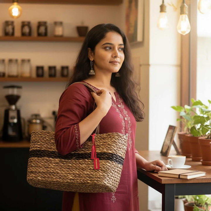 Handmade Grass Woven Single Striped Black Sabai Mesh Handbag