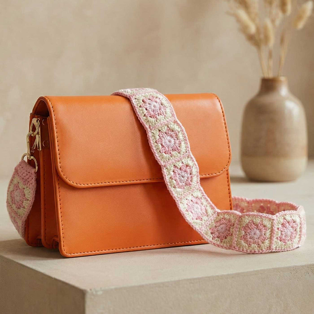 Handmade Crochet Pink Flower Design Cotton Sling Bag Belt
