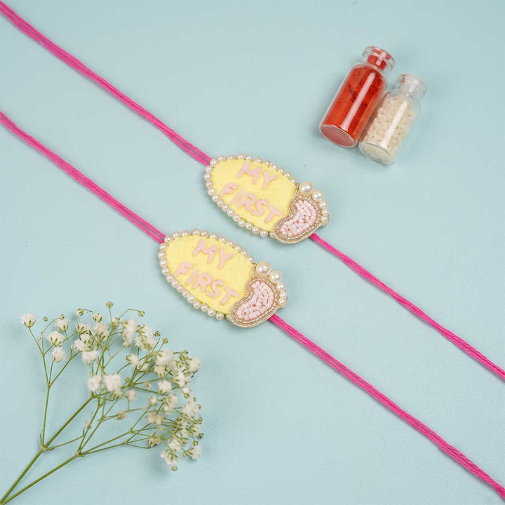 Handmade Beaded "My First Rakhi" Set With Roli Chawal For Newborn Twins | Set of 2