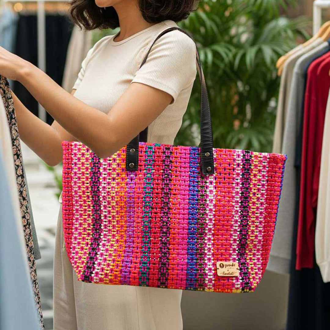 Multicolour Striped Pink Sivakannu Knot Handmade Koodai Market Bag