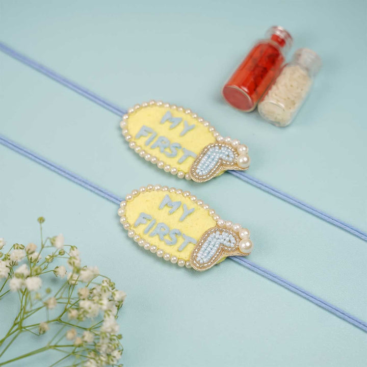 Handmade Beaded "My First Rakhi" Set With Roli Chawal For Newborn Twins | Set of 2
