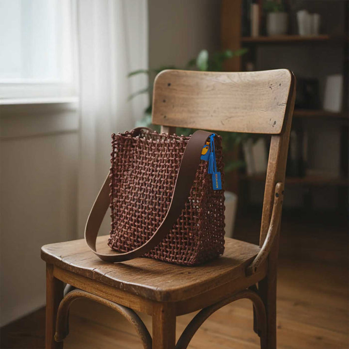 Handmade Grass Woven Box Shaped Leather Strap Brown Sabai Mesh Tote Bag