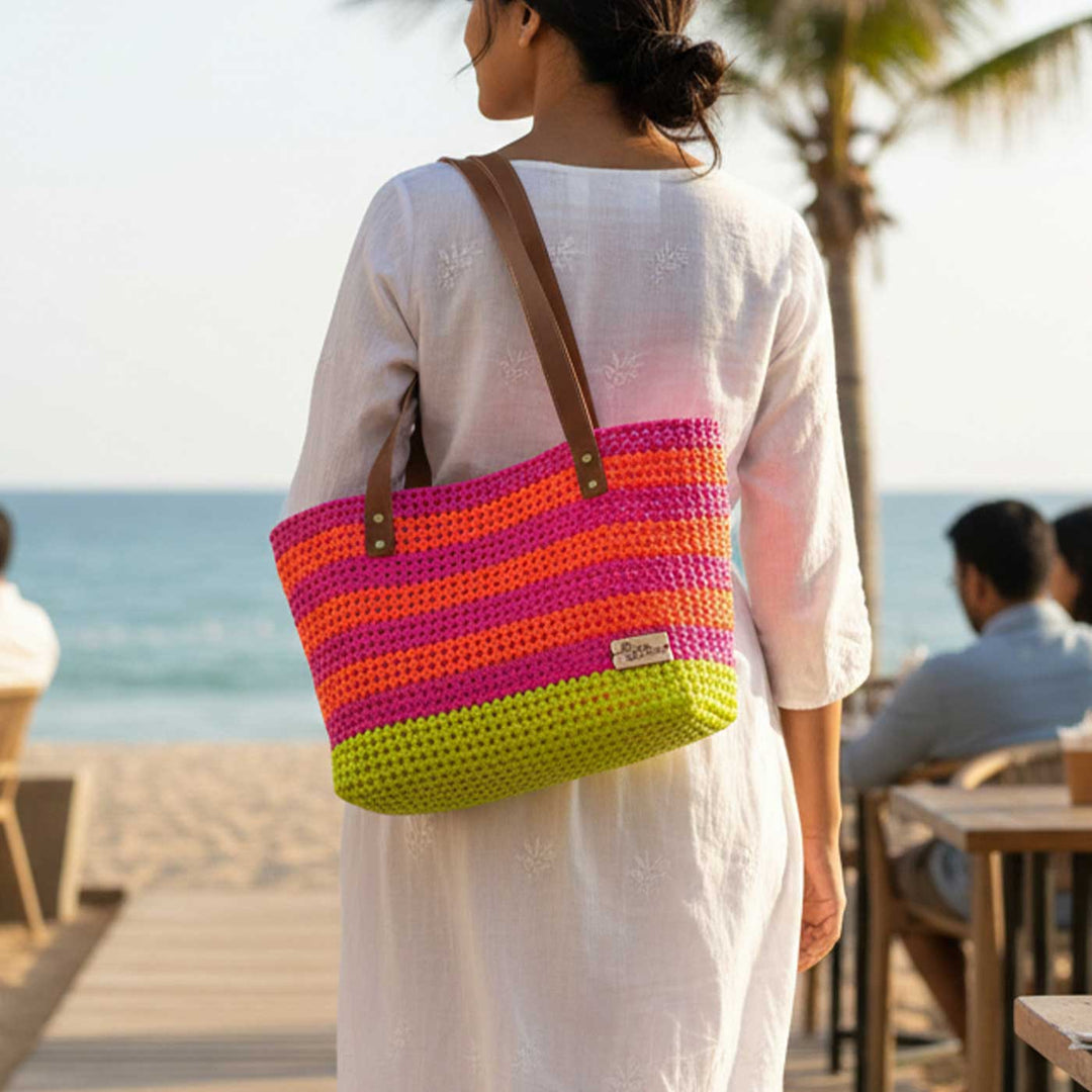 Pink With Green Bottom Mukhya Knot Handmade Koodai Beach Bag