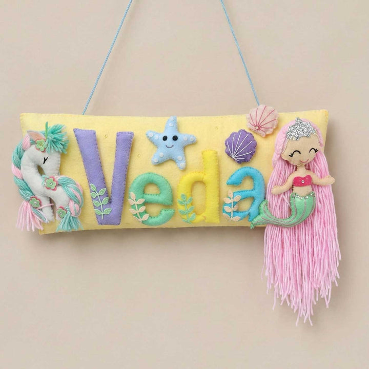 Handcrafted Mermaid & Unicorn Themed Rectangle Felt Name Plate for Kids