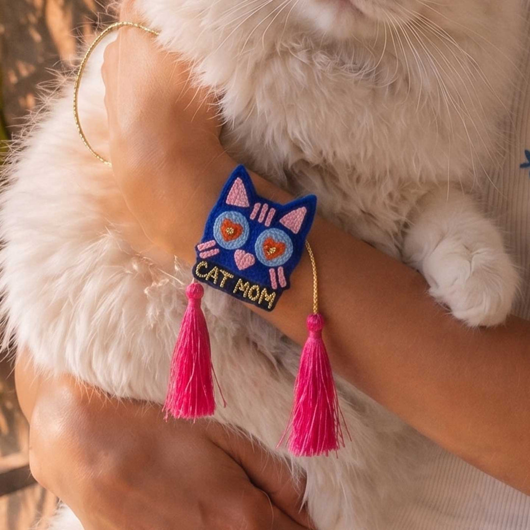 Handmade Thread Embroidered "Cat Mom" Reusable Rakhi Magnet For Sister