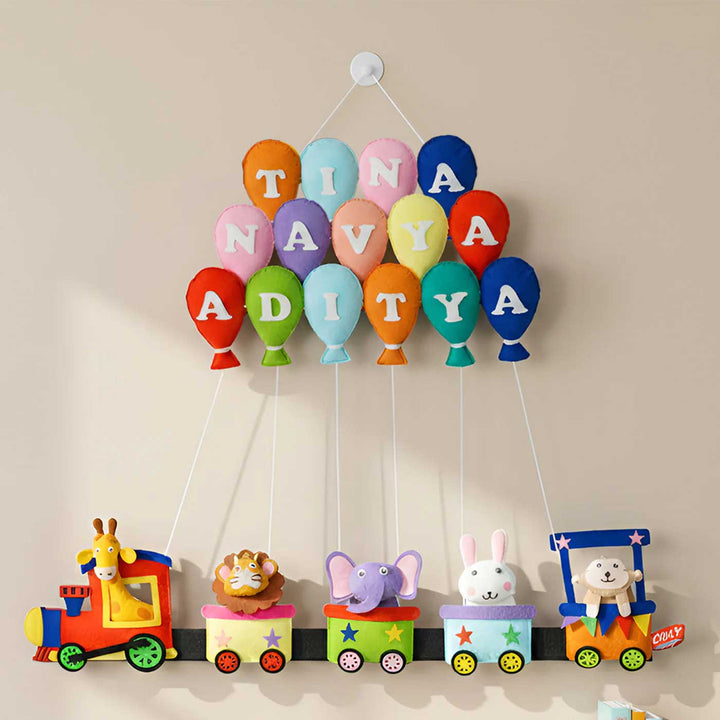 Handcrafted Personalized Felt Name Plate For Siblings | Jungle Animal Train Themed