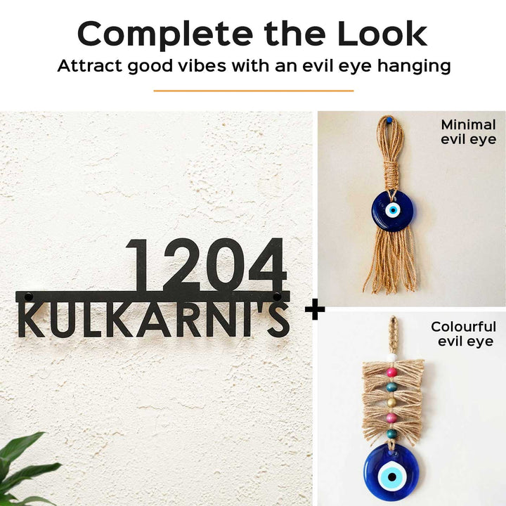 Personalized Modern Weatherproof Name Plate With House Number - Mounted on Wall Showing Complementary Items