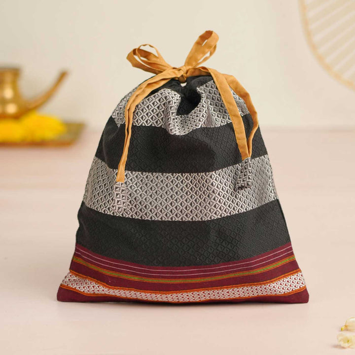 Handmade Black & Silver Khunn Fabric Cotton Thamboolam Potli with Maroon Border