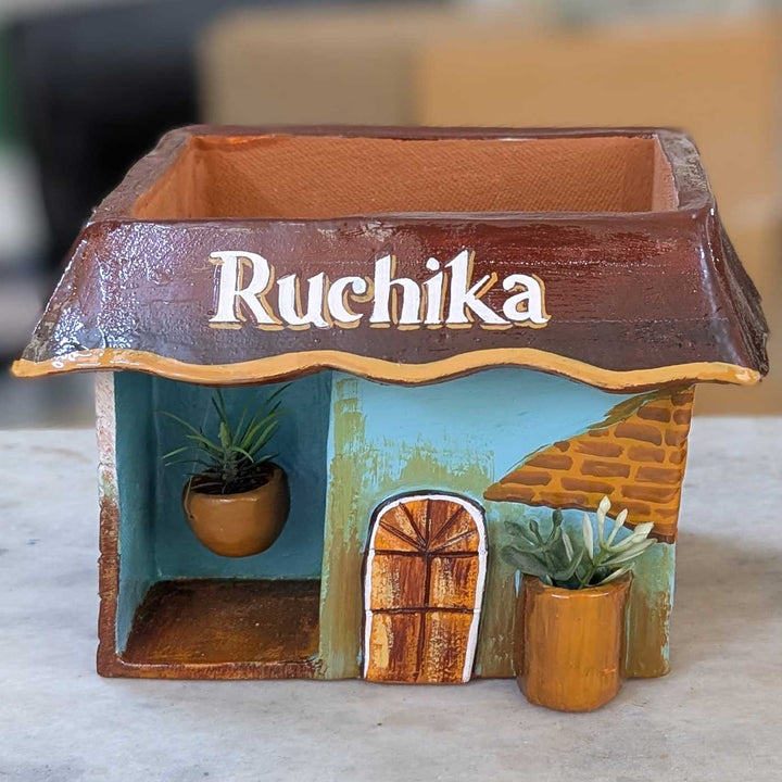Personalized Hand-Painted House Shaped Terracotta Pen Holder