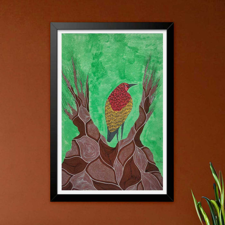 16 x 23 Inch | Tree Guardian Bird | Original Hand Painted Tribal Gond Art Painting | Acrylic Paints On Paper