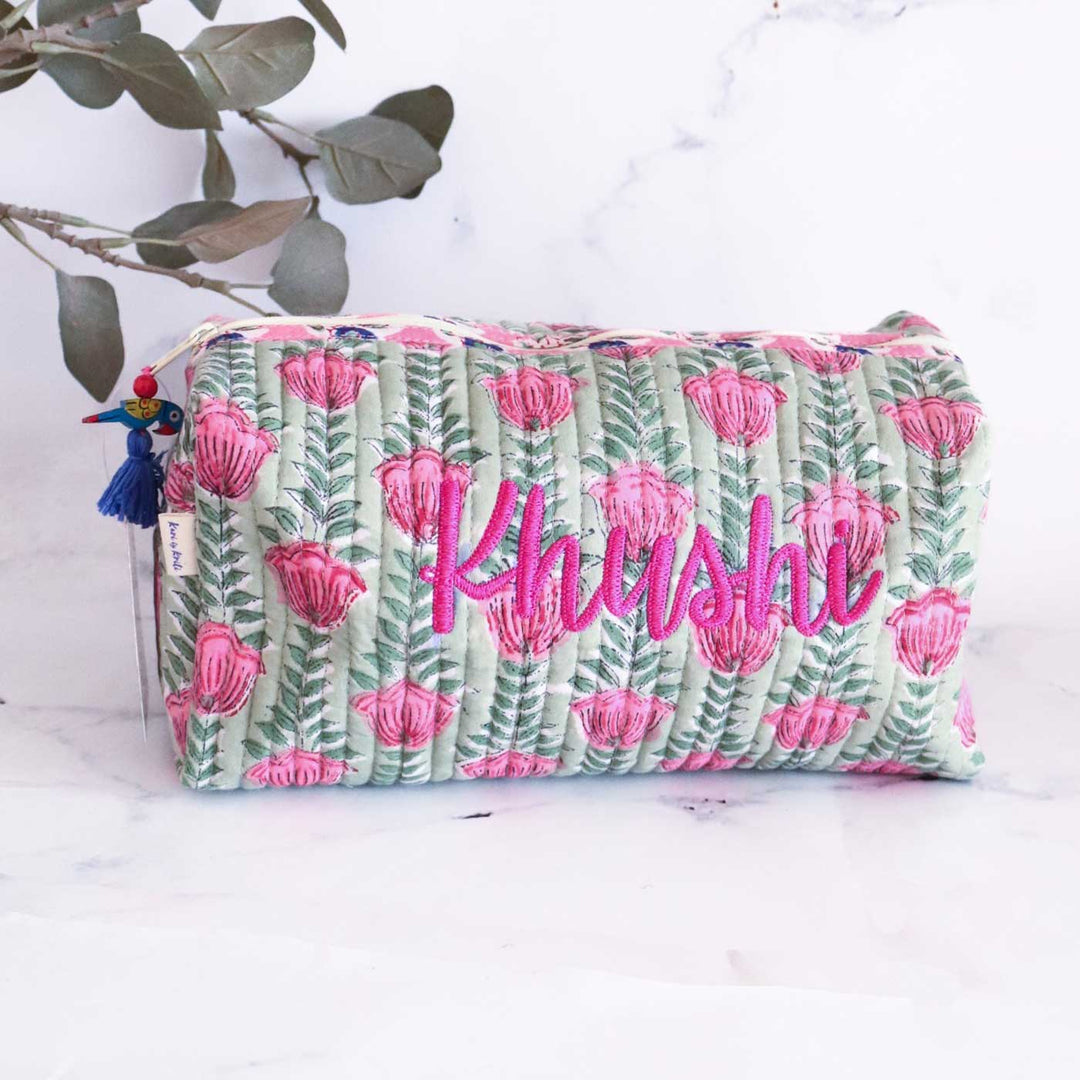 Personalized Block Printed Cotton Cosmetic Pouch