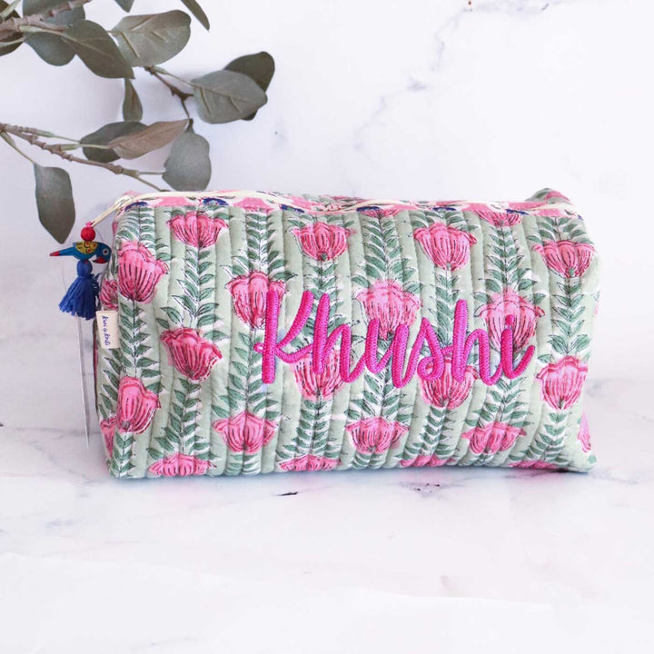 Personalized Block Printed Cotton Cosmetic Pouch