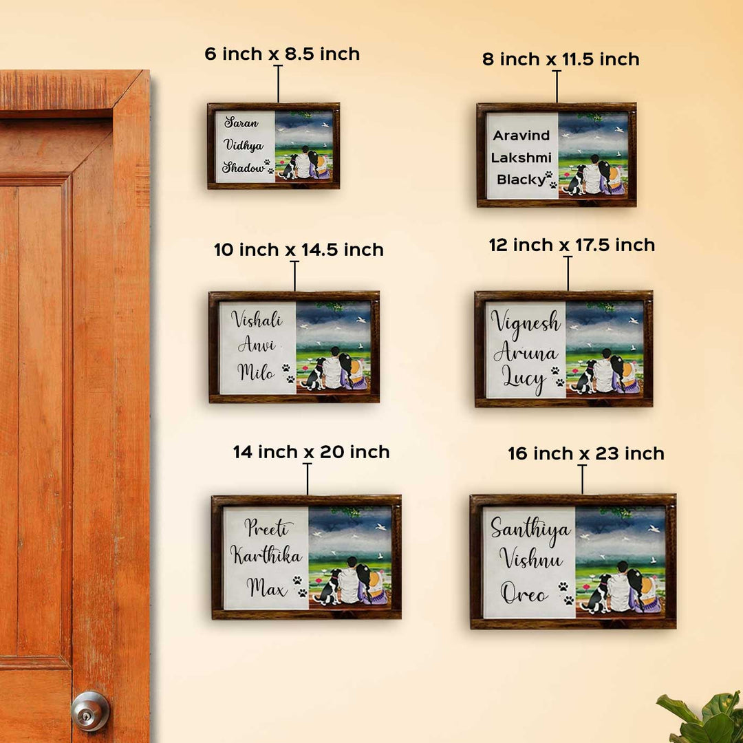Couple With Pet Caricature Photo Personalized Resin Wooden Frame Name Plate