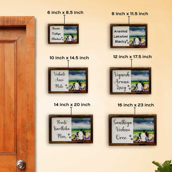 Couple With Pet Caricature Photo Personalized Resin Wooden Frame Name Plate