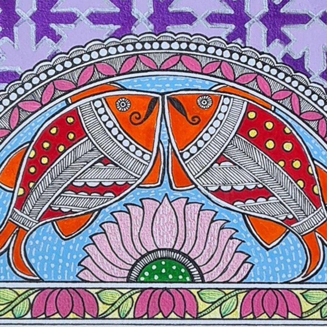 8 x 5 Inch | Duo Fish & Lotus | Original Hand Painted Madhubani Painting On Paper