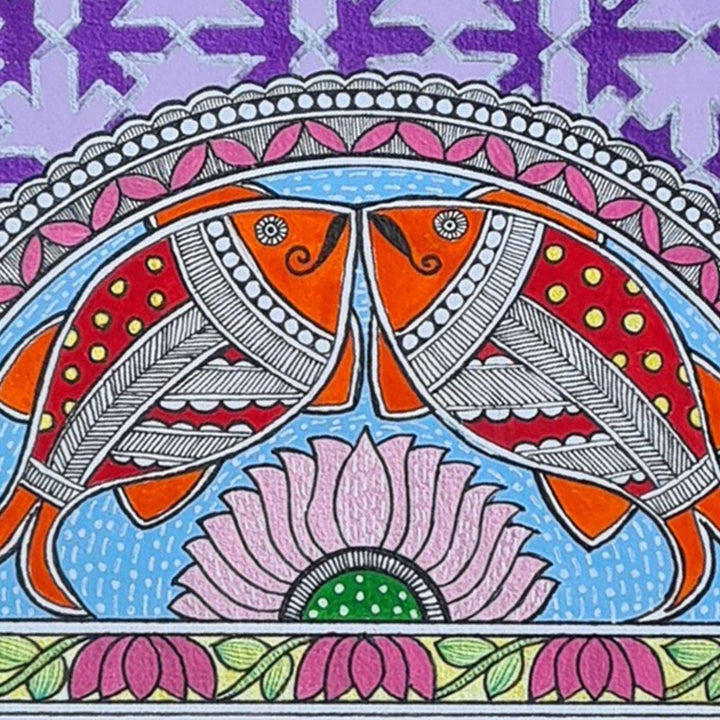 8 x 5 Inch | Duo Fish & Lotus | Original Hand Painted Madhubani Painting On Paper