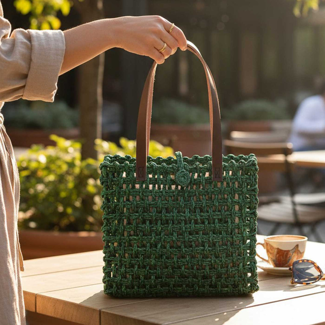 Handmade Grass Woven Leather Strap Box Shaped Green Sabai Mesh Tote Bag