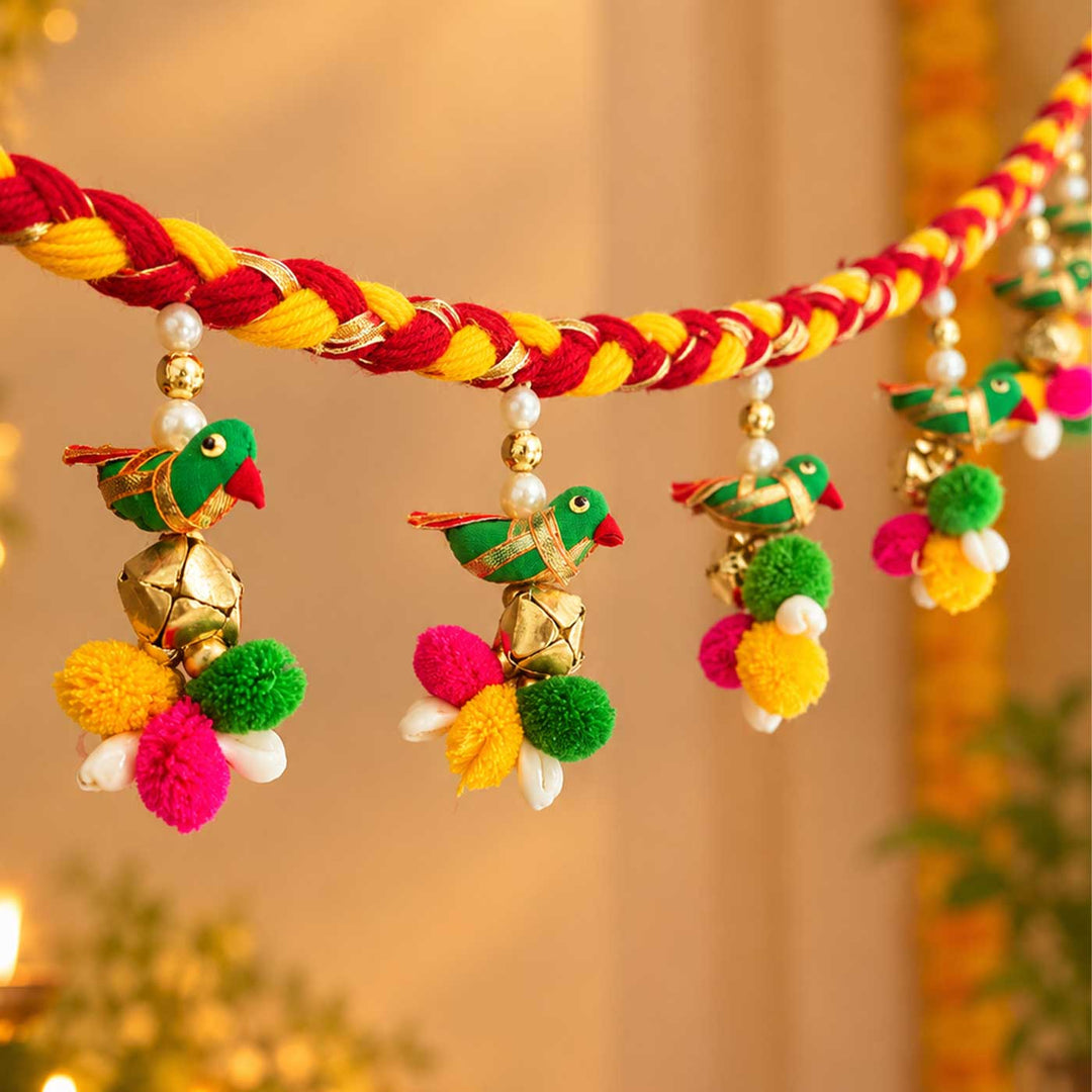 40 / 44 In | Handmade Ghungroo & Fabric Parrot Toran For Diwali & Festive Decor