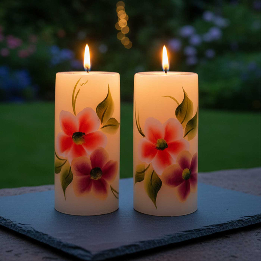 Hand-Painted Orange & Purple Flowers Circular Paraffin Scented Candle | Set Of 2